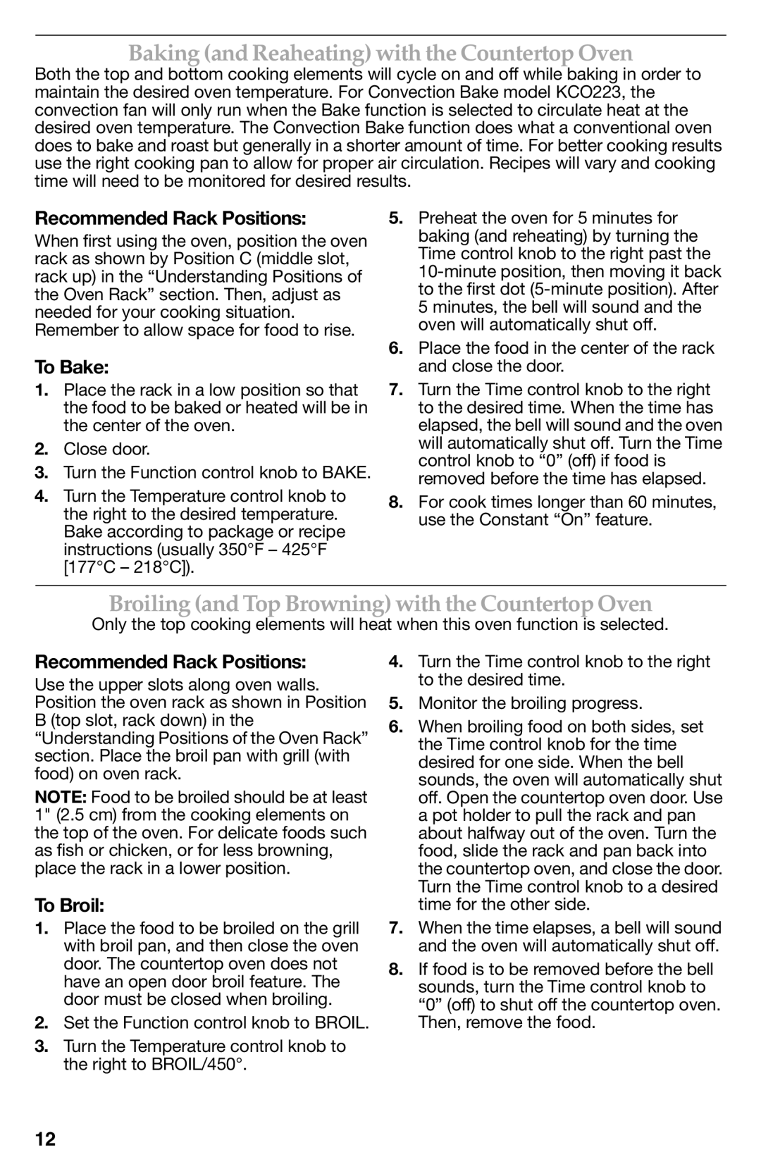 KitchenAid KCO222 manual Baking and Reaheating with the Countertop Oven, Broiling and Top Browning with the Countertop Oven 