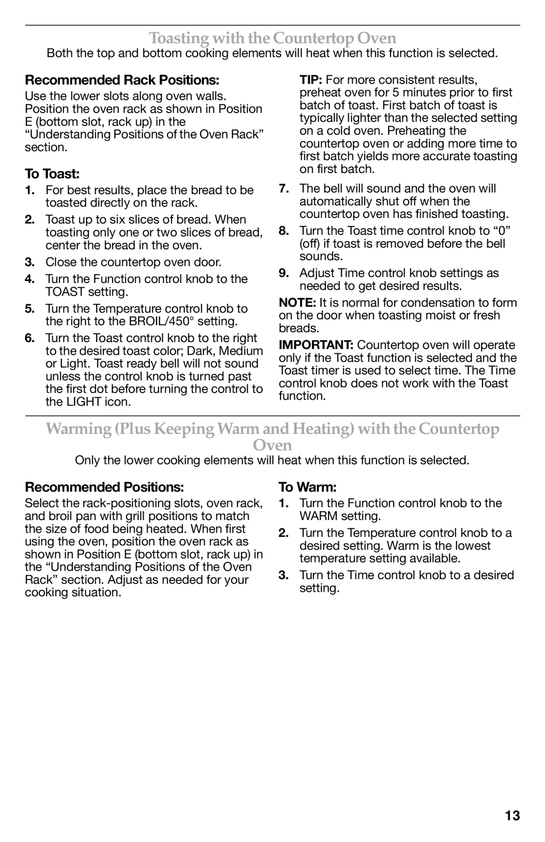 KitchenAid KCO223, KCO222, KCO273SS manual Toasting with the Countertop Oven, To Toast, Recommended Positions, To Warm 