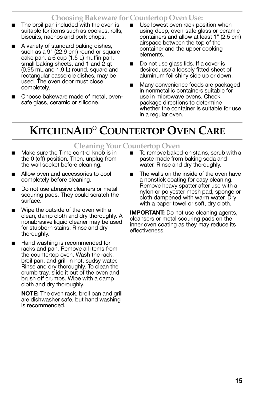 KitchenAid KCO222, KCO223, KCO273SS manual Kitchenaid Countertop Oven Care, Choosing Bakeware for Countertop Oven Use 