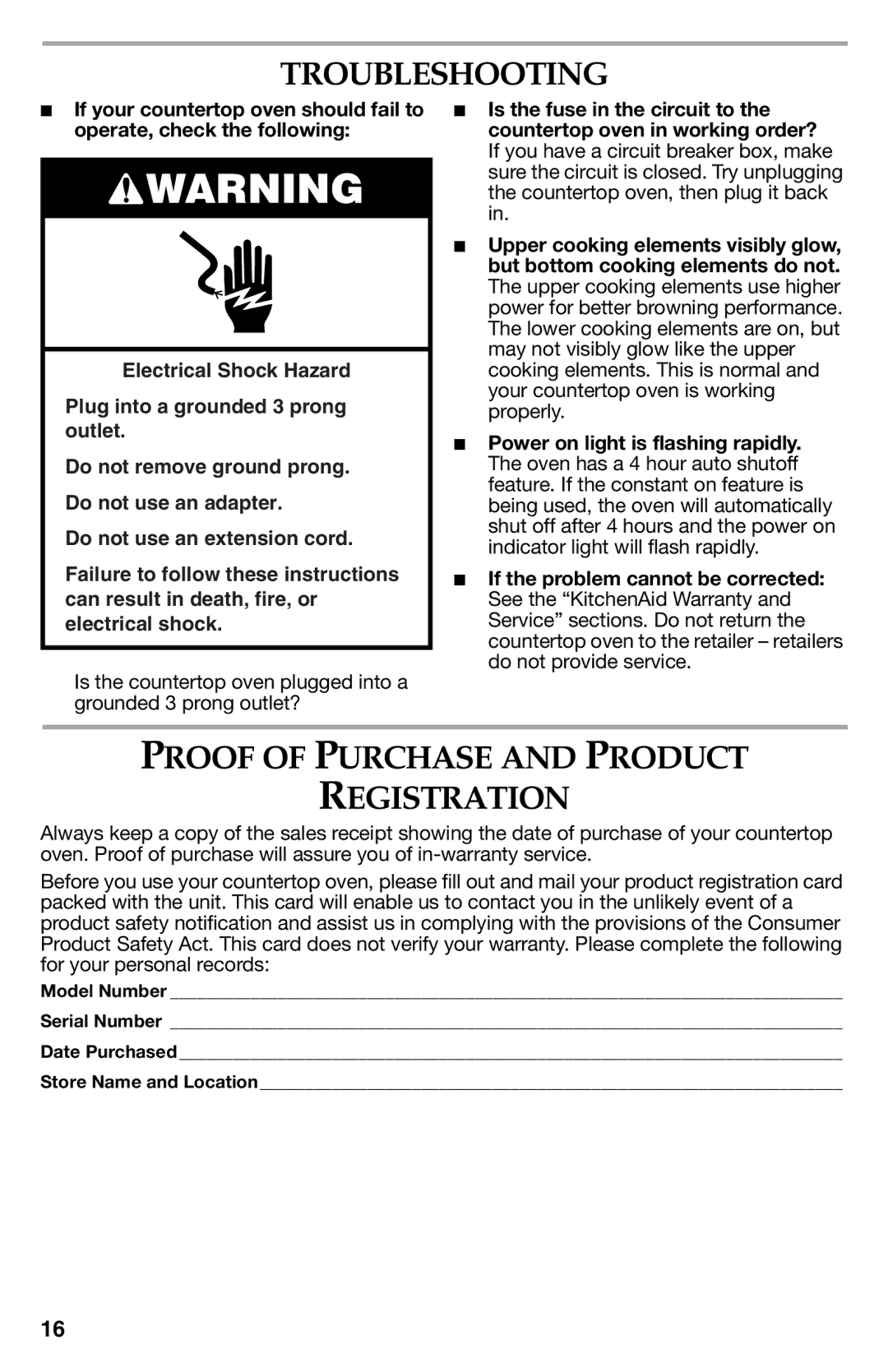 KitchenAid KCO223, KCO222, KCO273SS manual Troubleshooting, Proof of Purchase and Product Registration 