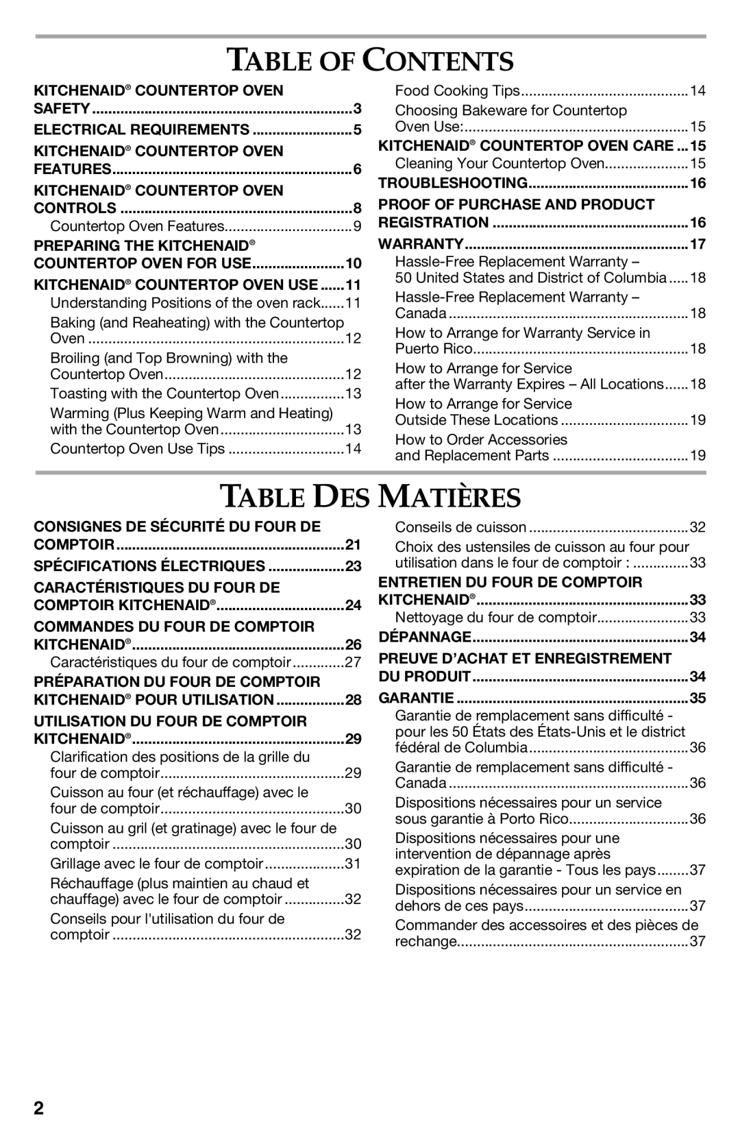 KitchenAid KCO273SS, KCO222, KCO223 manual Table of Contents, Table DES Matières 