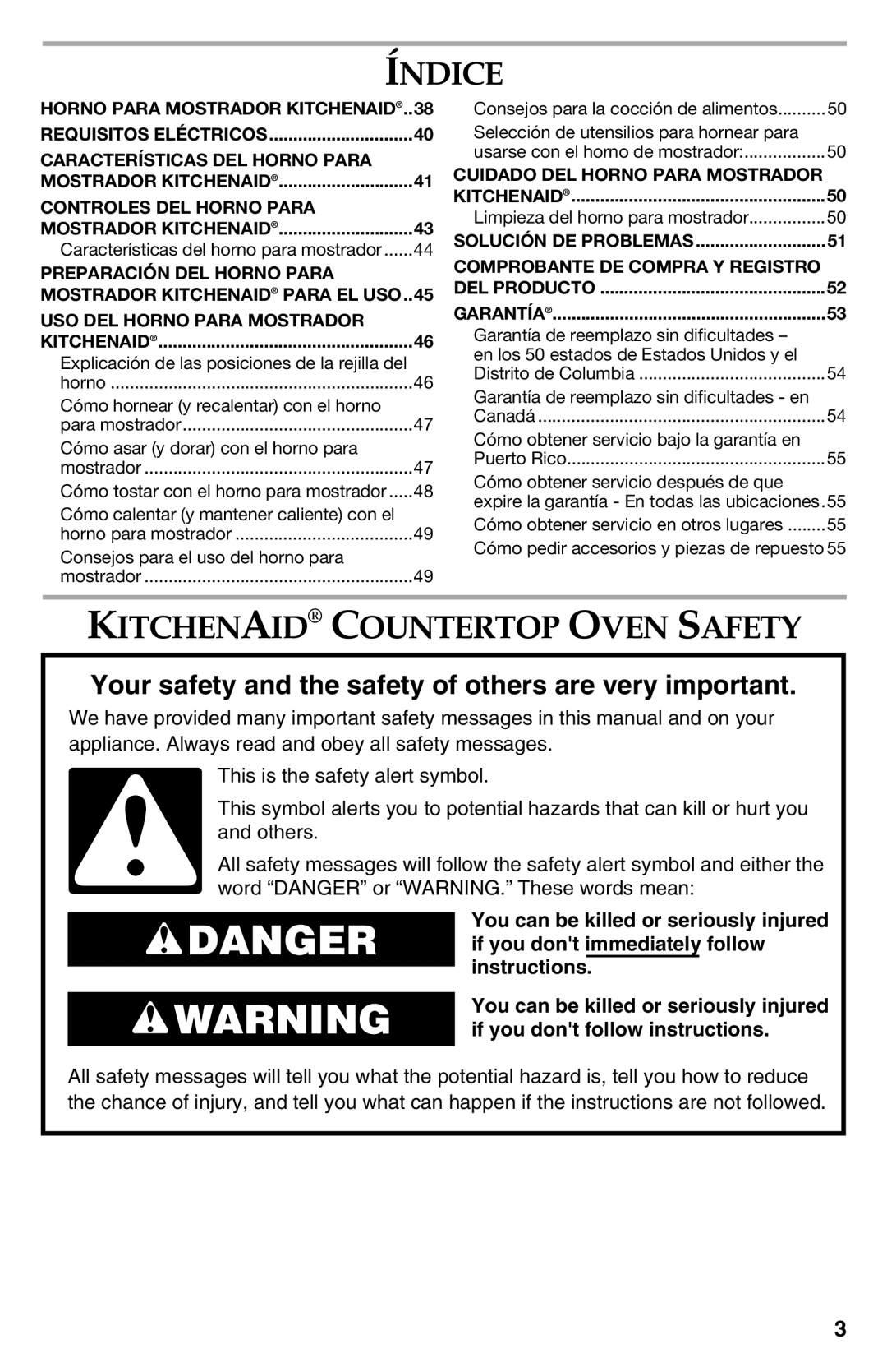 KitchenAid KCO222, KCO223, KCO273SS manual Índice, Kitchenaid Countertop Oven Safety 