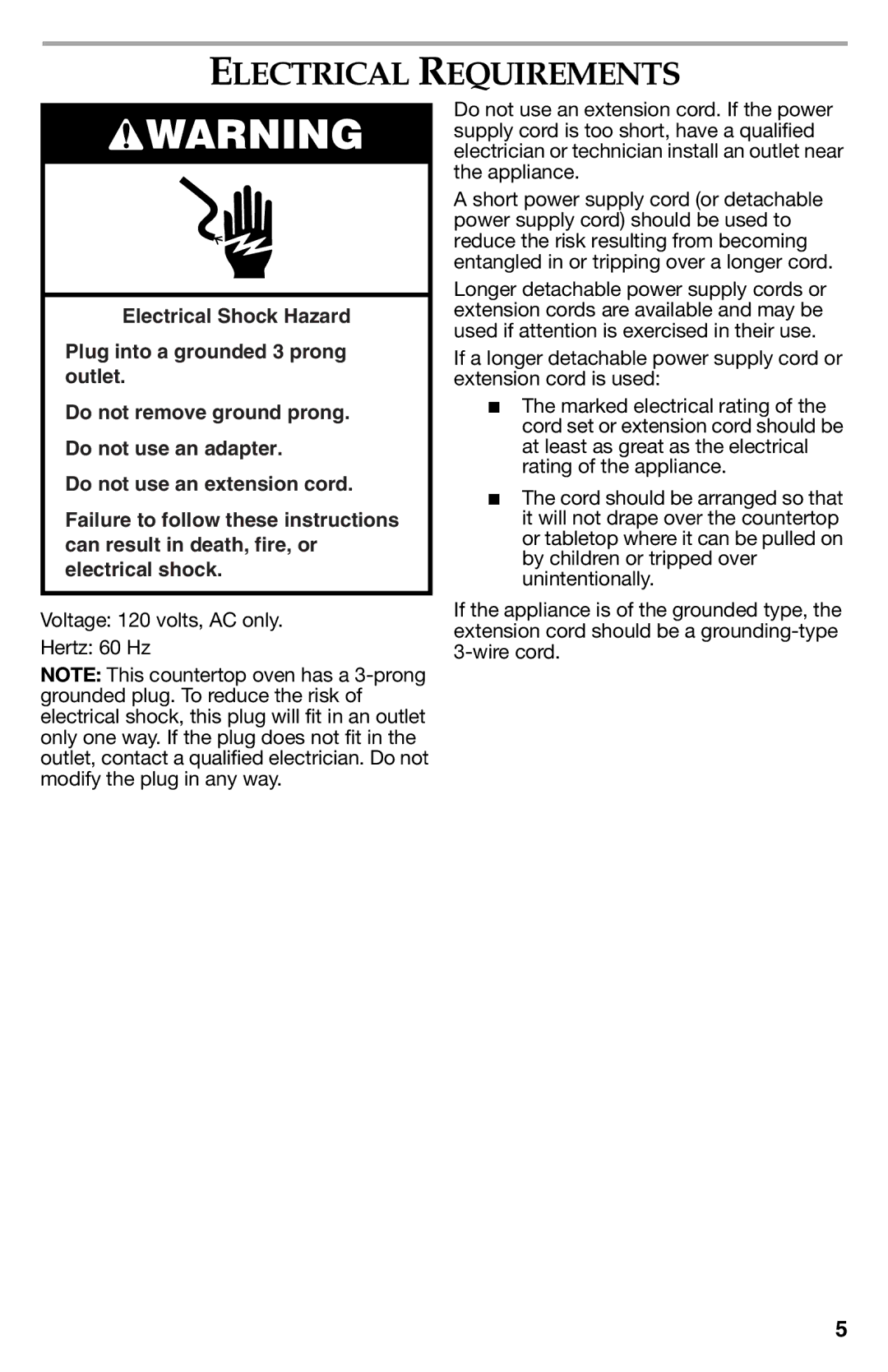 KitchenAid KCO273SS, KCO222, KCO223 manual Electrical Requirements 