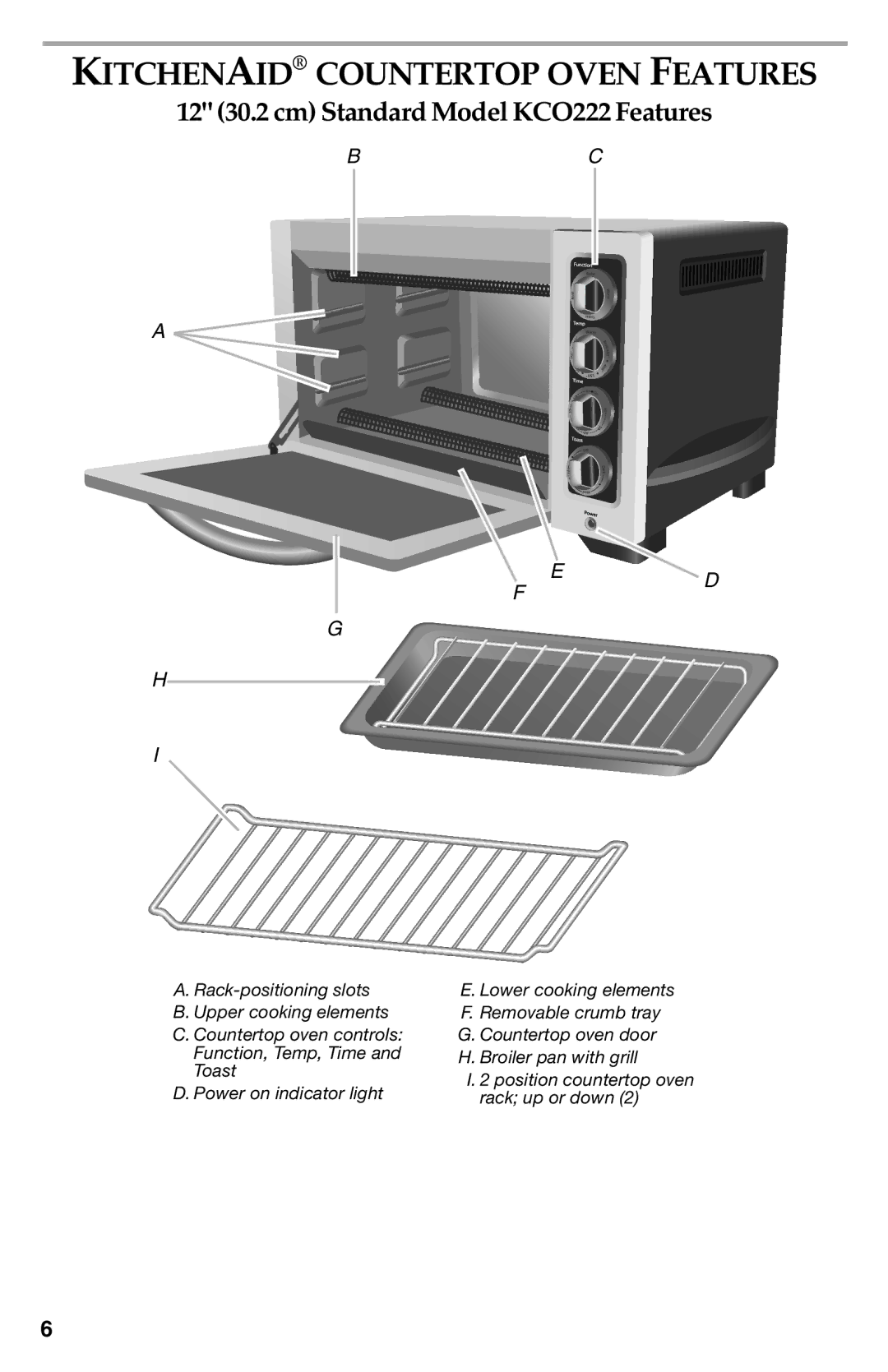 KitchenAid KCO223, KCO273SS manual Kitchenaid Countertop Oven Features, 12 30.2 cm Standard Model KCO222 Features 