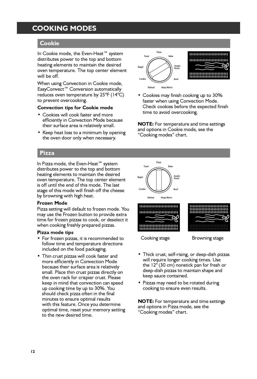 KitchenAid KCO274, KCO273 manual Convection tips for Cookie mode, Frozen Mode, Pizza mode tips 