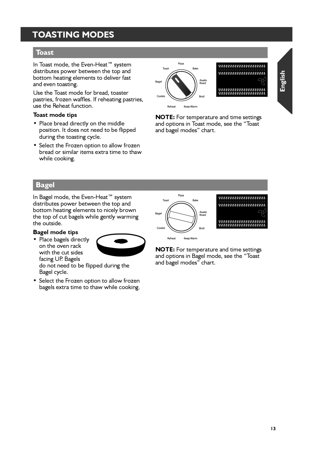 KitchenAid KCO273, KCO274 manual Toasting Modes, Toast mode tips, Bagel mode tips 