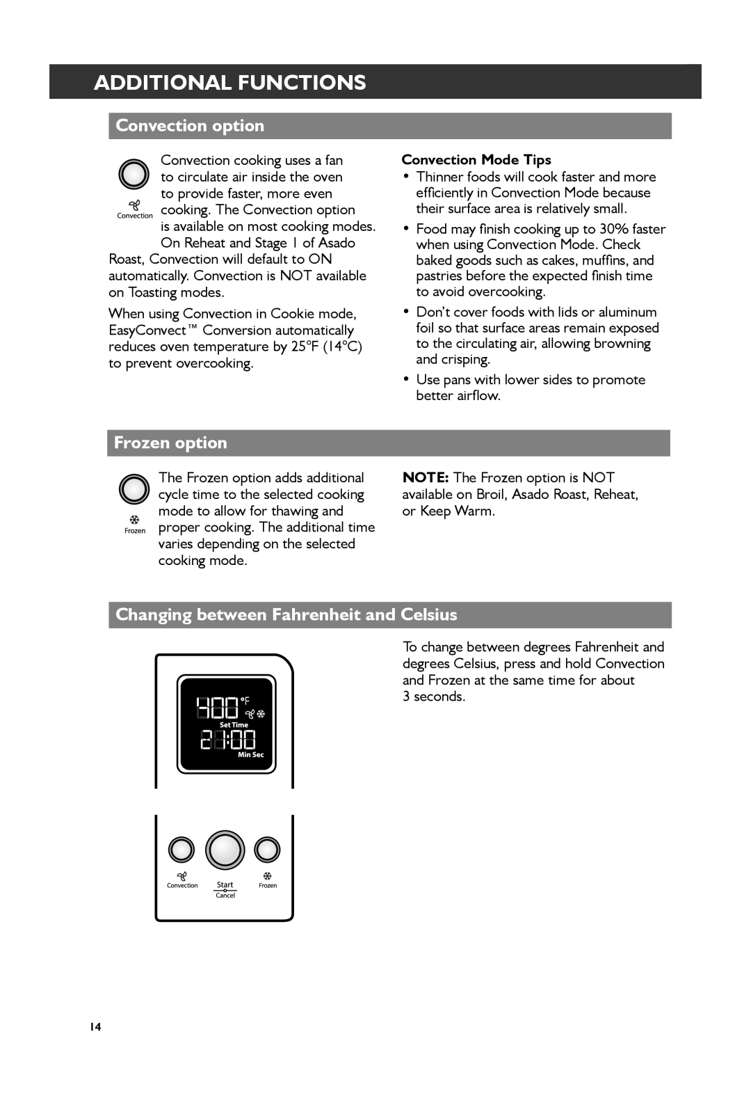 KitchenAid KCO274, KCO273 Additional Functions, Convection option, Frozen option, Changing between Fahrenheit and Celsius 