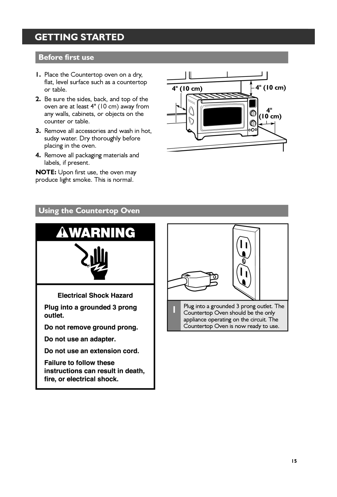 KitchenAid KCO273, KCO274 manual Getting Started, Before first use, Using the Countertop Oven, 10 cm 