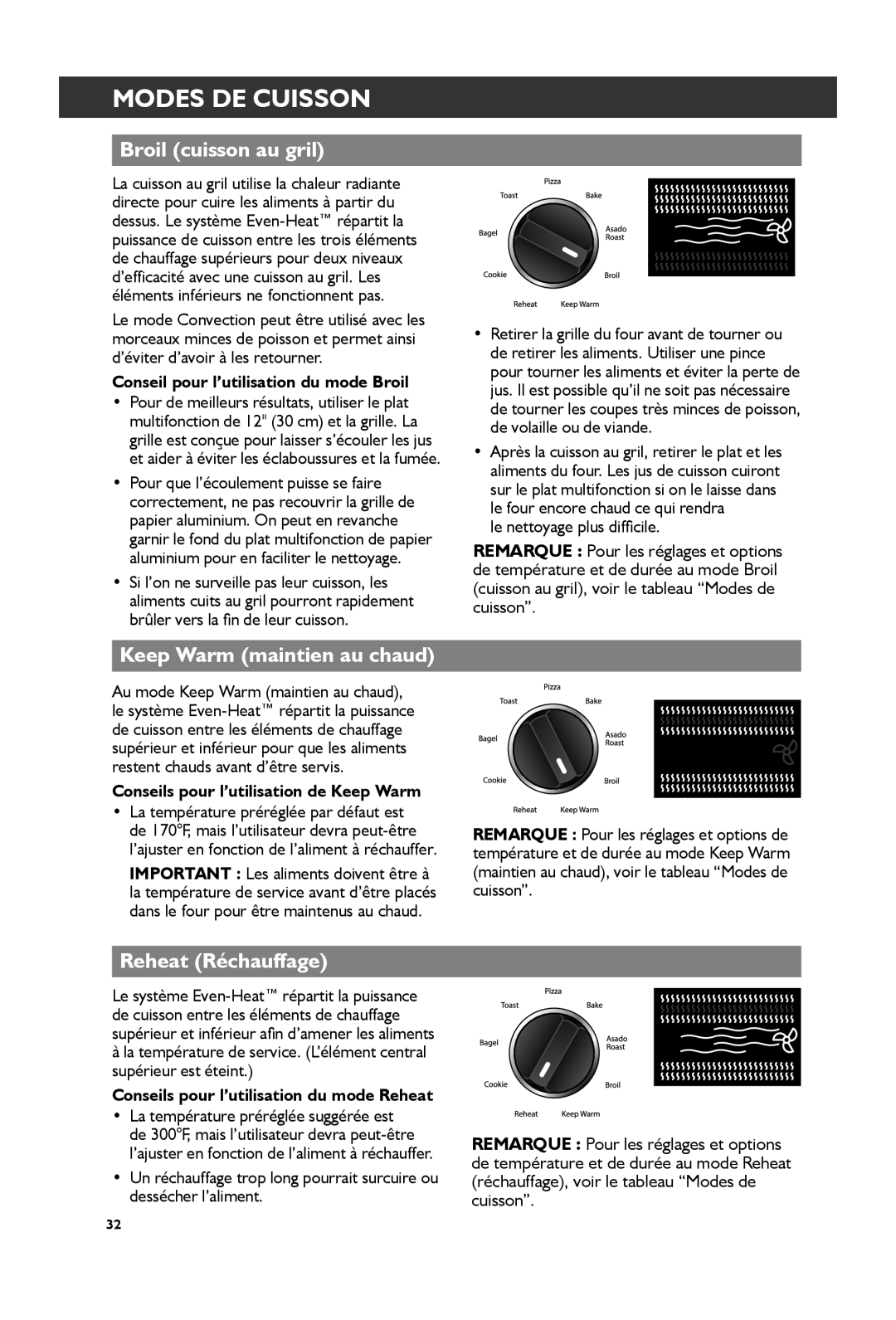 KitchenAid KCO274, KCO273 manual Broil cuisson au gril, Keep Warm maintien au chaud, Reheat Réchauffage 