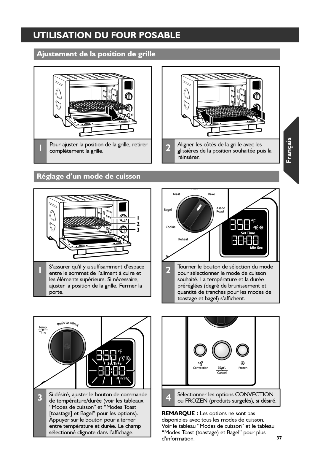 KitchenAid KCO273, KCO274 Utilisation DU Four Posable, Ajustement de la position de grille, Réglage d’un mode de cuisson 