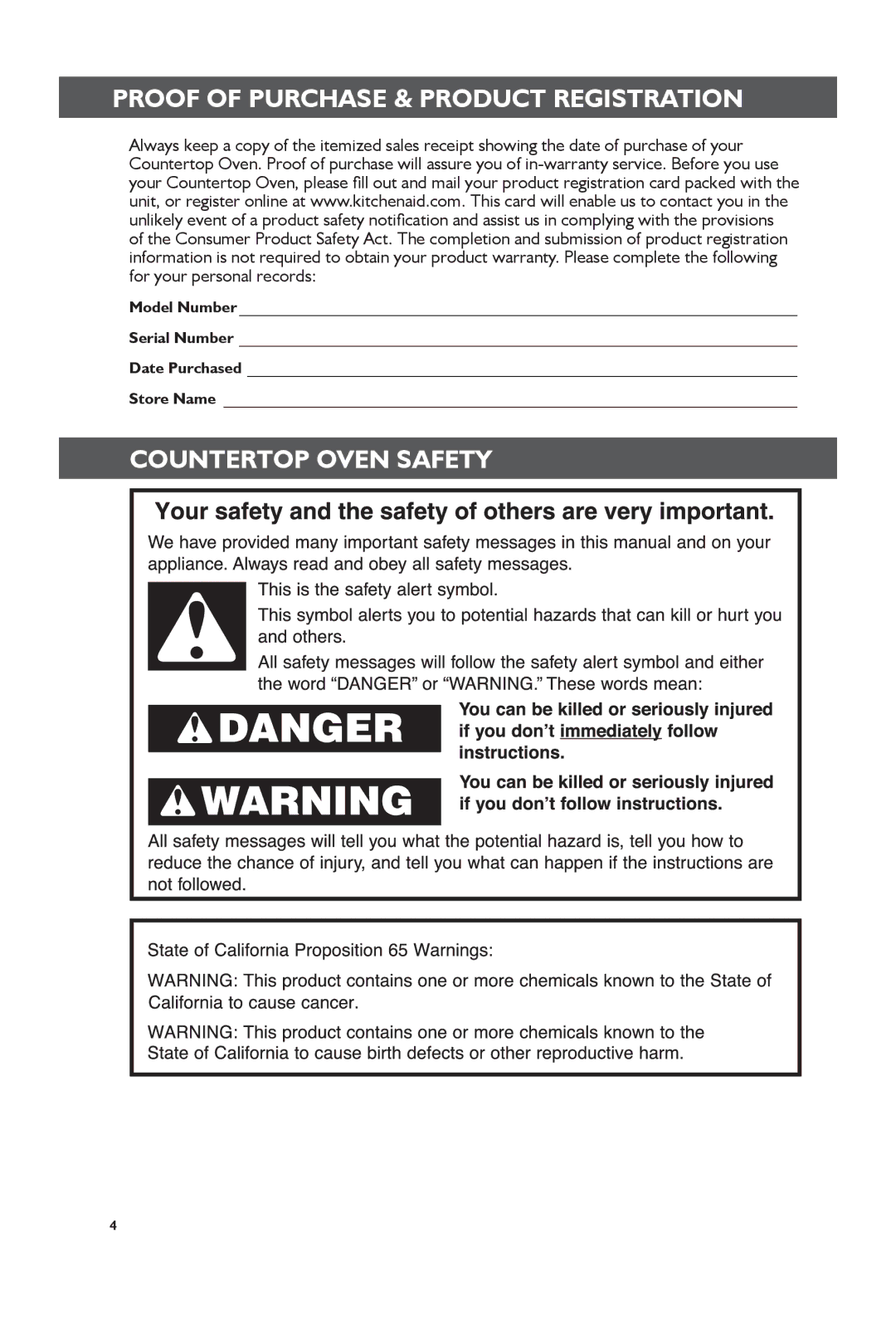 KitchenAid KCO274, KCO273 manual Proof of Purchase & Product Registration, Countertop Oven Safety 