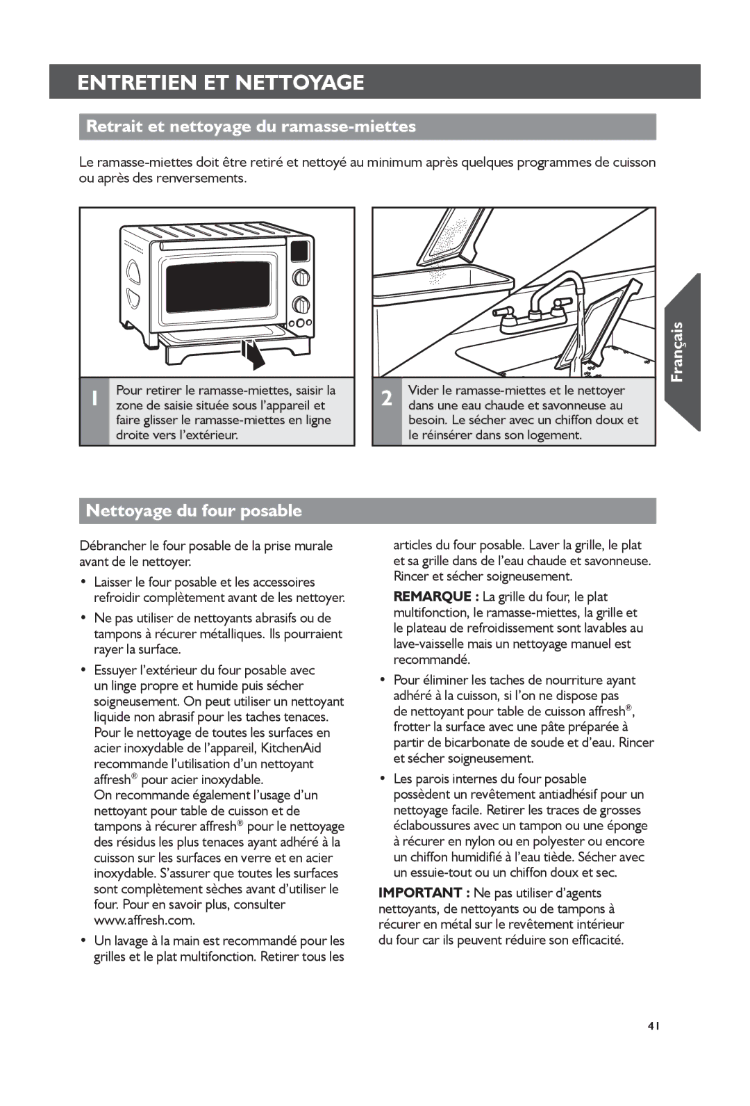 KitchenAid KCO273, KCO274 manual Entretien ET Nettoyage, Retrait et nettoyage du ramasse-miettes, Nettoyage du four posable 