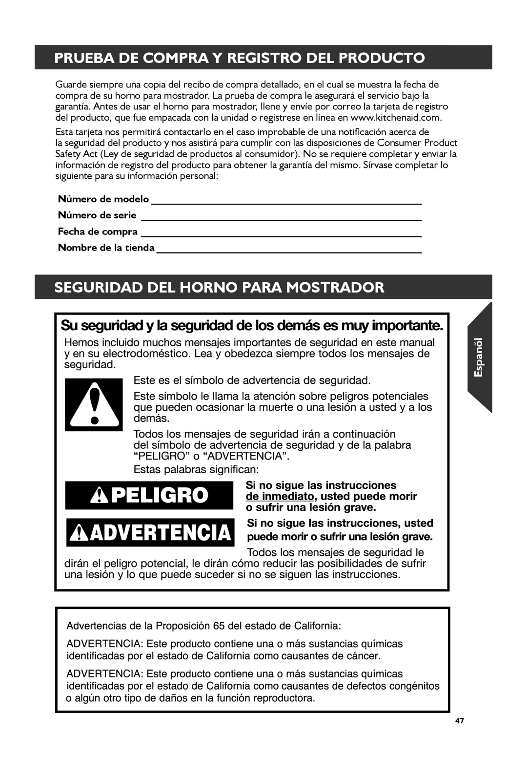 KitchenAid KCO273, KCO274 manual Prueba DE Compra Y Registro DEL Producto, Seguridad DEL Horno Para Mostrador 