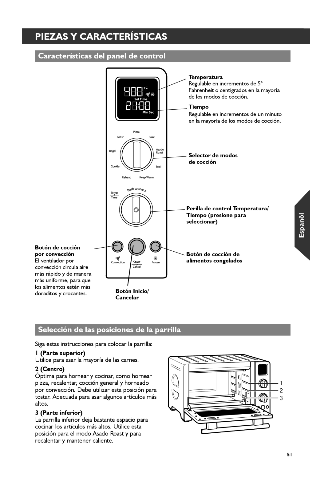 KitchenAid KCO273 Características del panel de control, Selección de las posiciones de la parrilla, Parte superior, Centro 