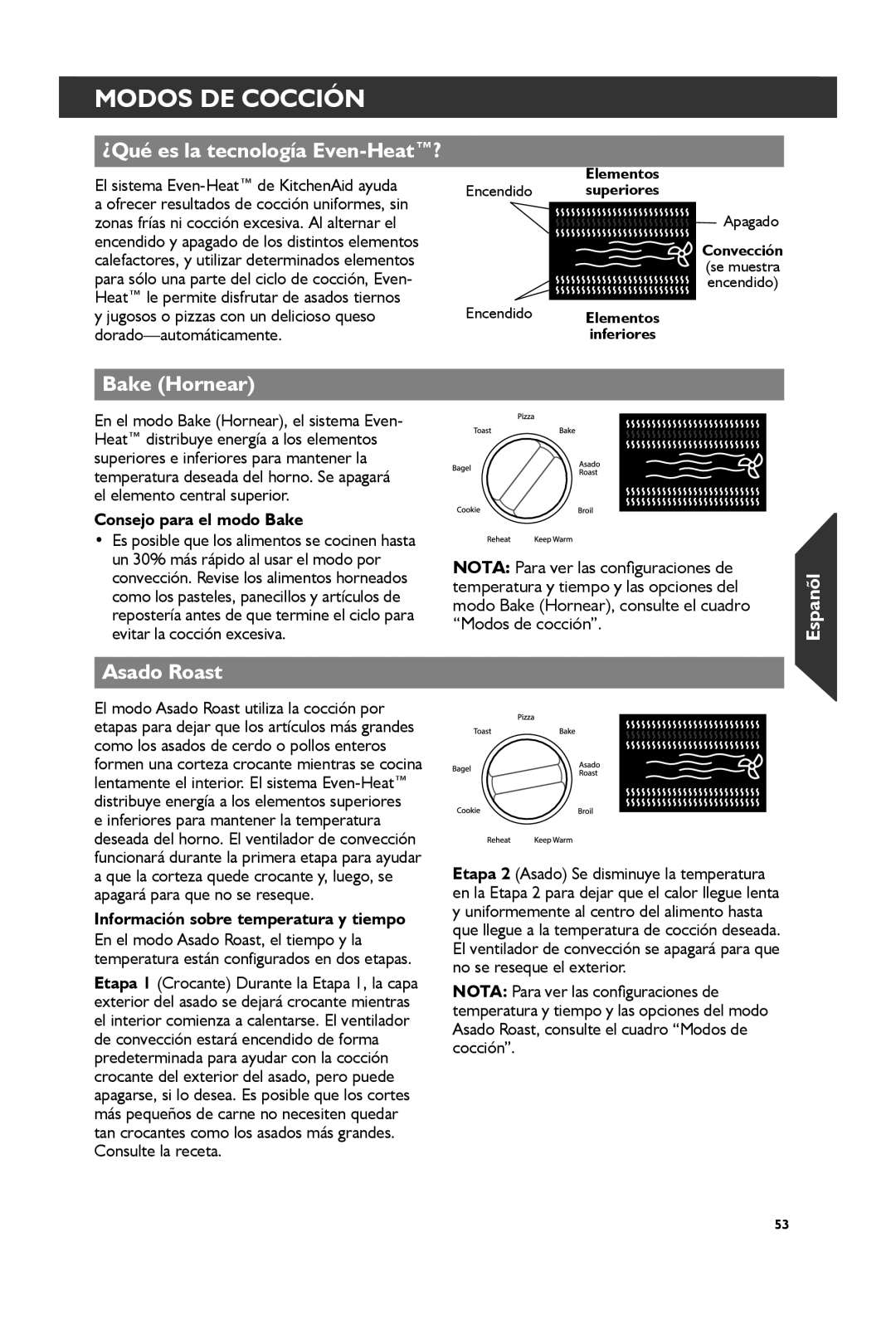 KitchenAid KCO273 manual Modos DE Cocción, Bake Hornear, Consejo para el modo Bake, Información sobre temperatura y tiempo 