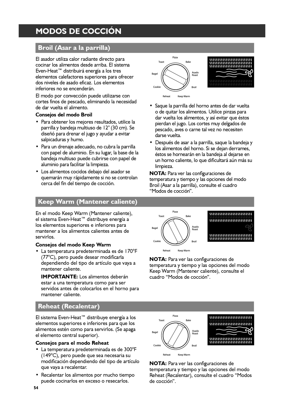 KitchenAid KCO274, KCO273 manual Broil Asar a la parrilla, Keep Warm Mantener caliente, Reheat Recalentar 