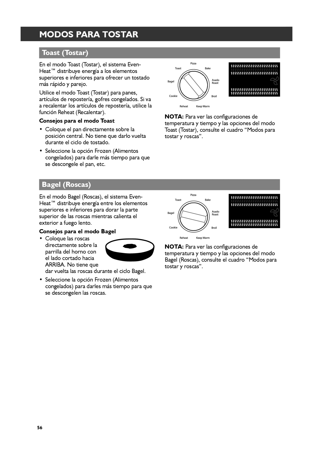KitchenAid KCO274 Modos Para Tostar, Toast Tostar, Bagel Roscas, Consejos para el modo Toast, Consejos para el modo Bagel 