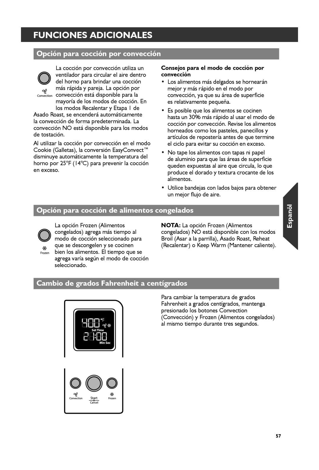 KitchenAid KCO273 Funciones Adicionales, Opción para cocción por convección, Opción para cocción de alimentos congelados 