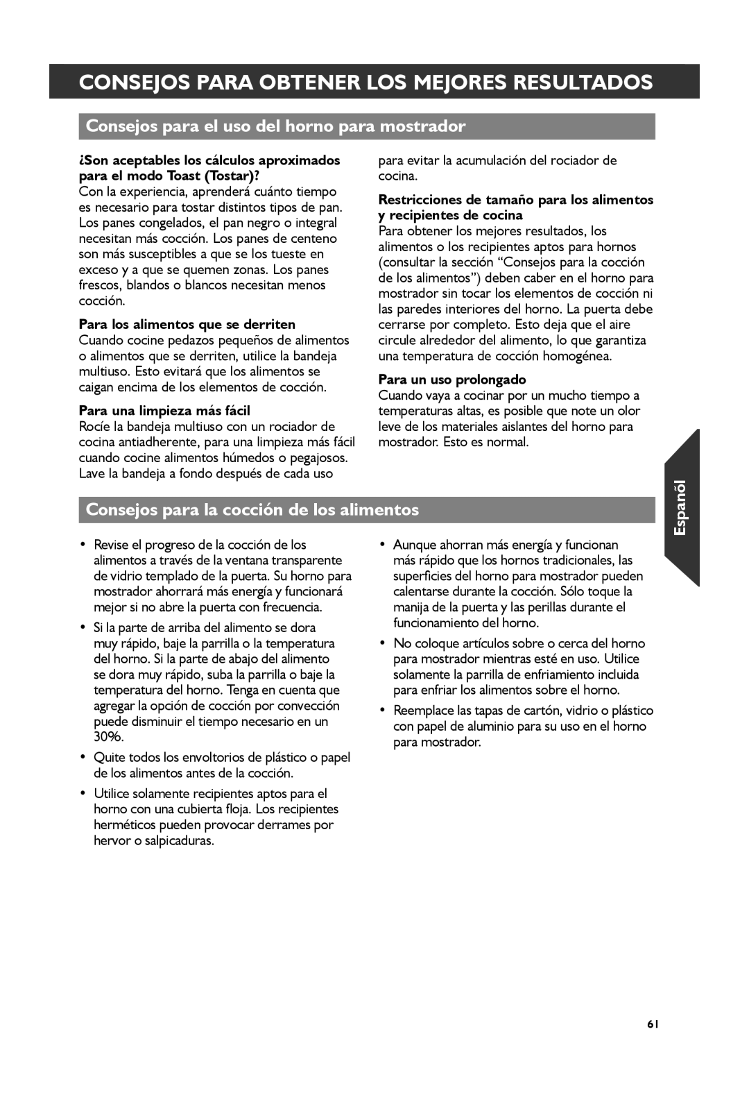 KitchenAid KCO273, KCO274 manual Consejos Para Obtener LOS Mejores Resultados, Consejos para el uso del horno para mostrador 