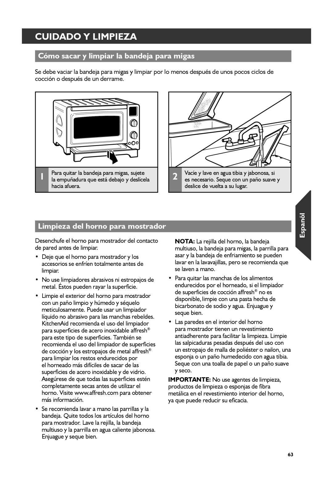 KitchenAid KCO273 manual Cuidado Y Limpieza, Cómo sacar y limpiar la bandeja para migas, Limpieza del horno para mostrador 