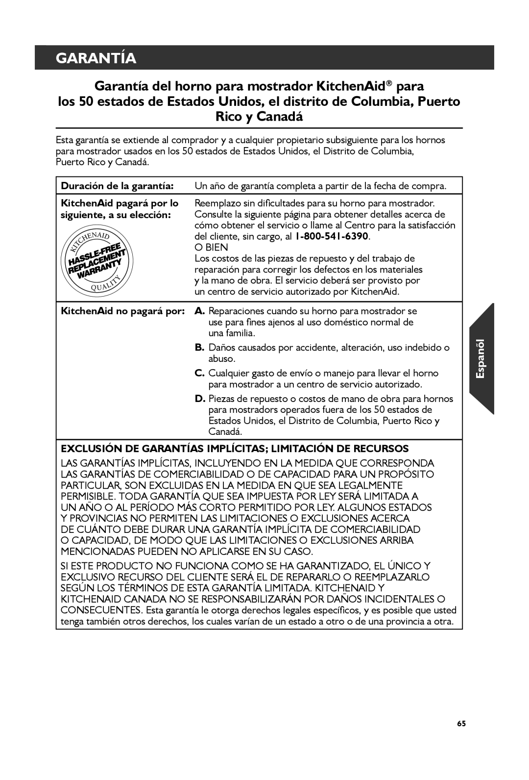 KitchenAid KCO273, KCO274 manual Garantía, Duración de la garantía, KitchenAid pagará por lo, Siguiente, a su elección 