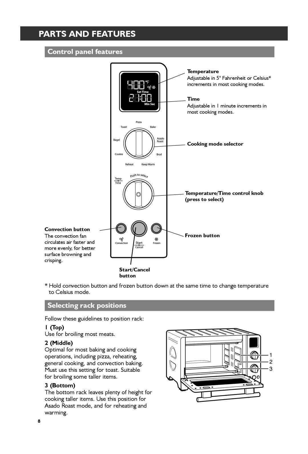 KitchenAid KCO274, KCO273 manual Control panel features, Selecting rack positions, Top, Middle, Bottom 