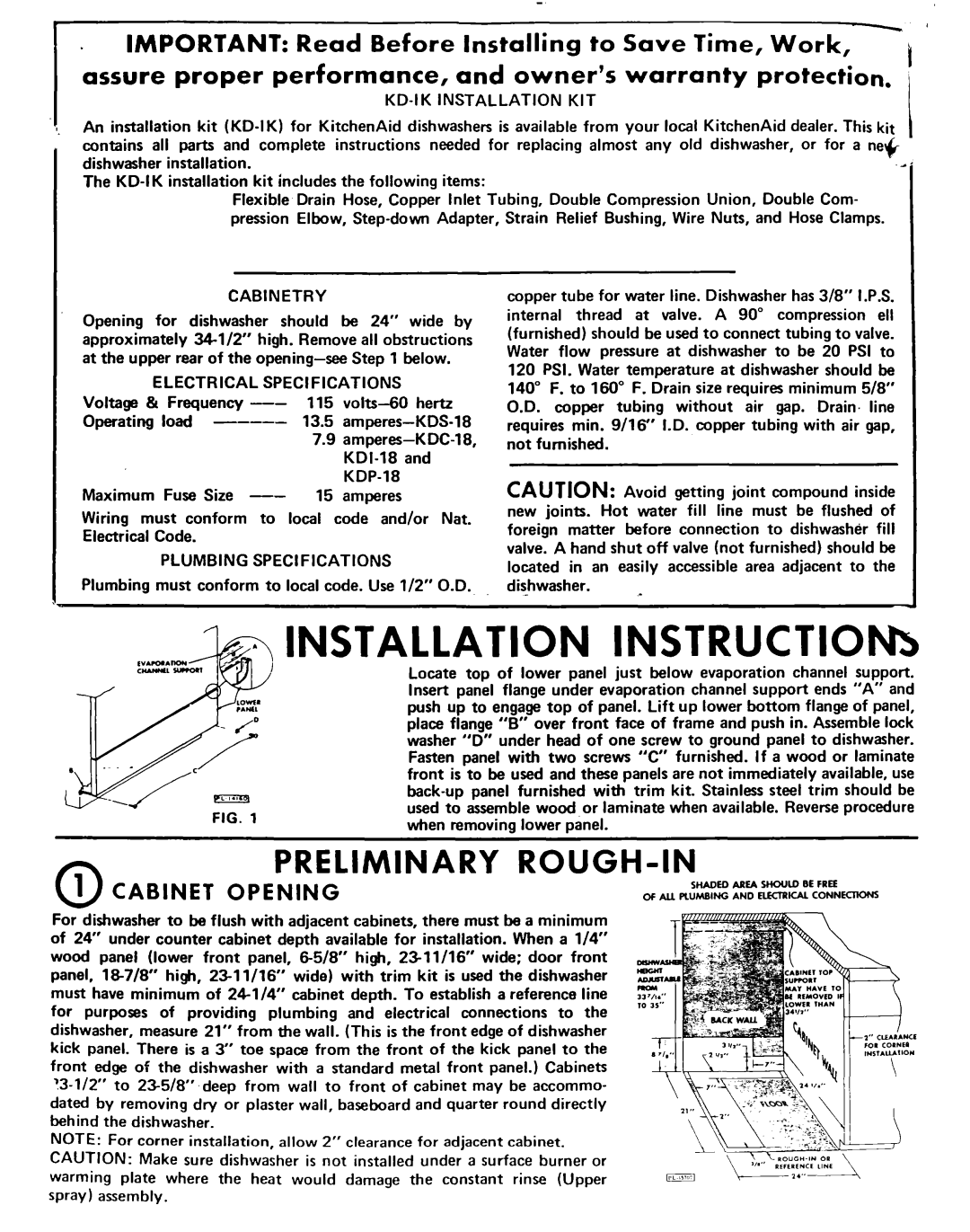 KitchenAid KD-18 installation instructions Preliminary ROUGH-IN, Opening 