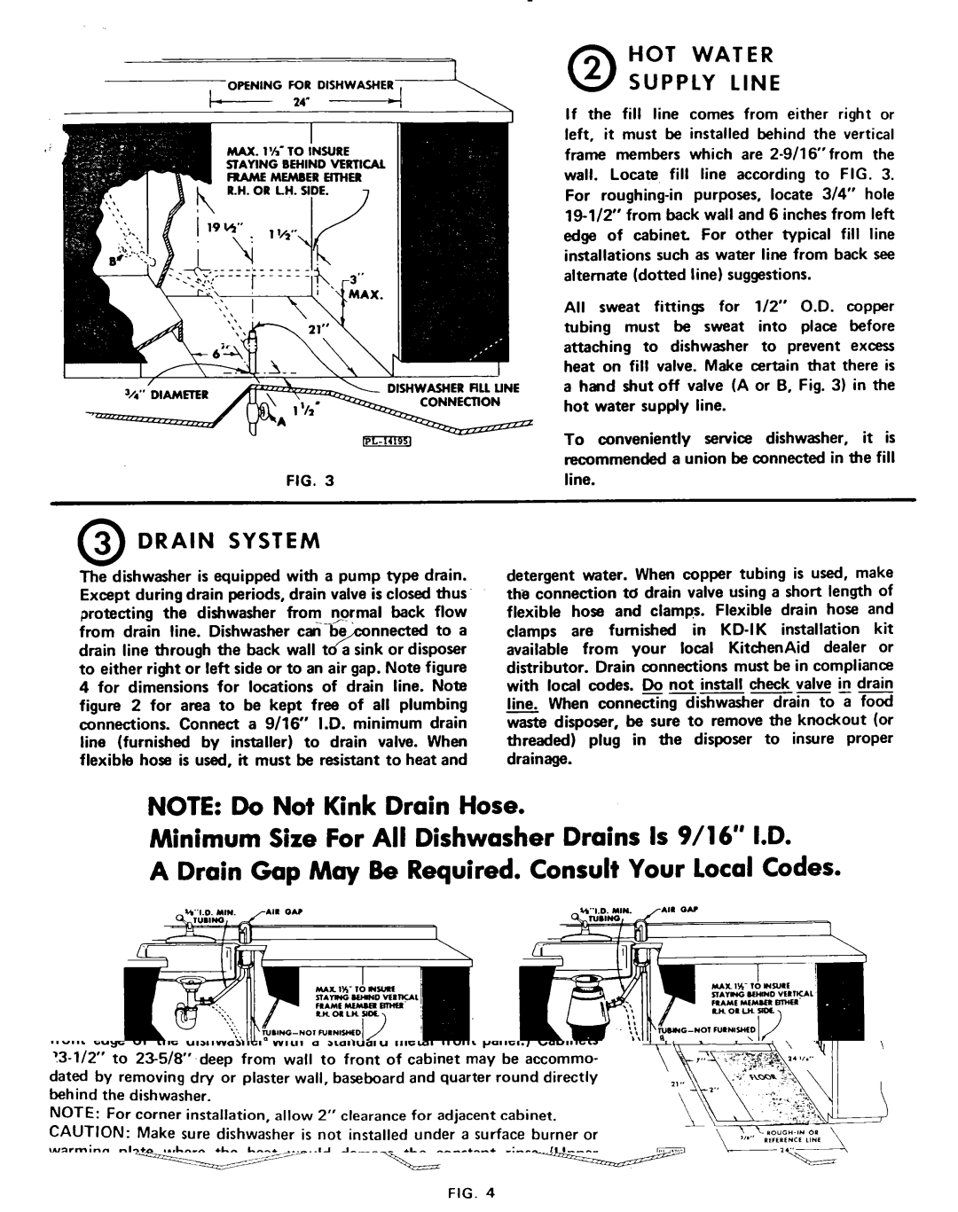 KitchenAid KD-18 installation instructions Drain System, HOT Water Supply Line 