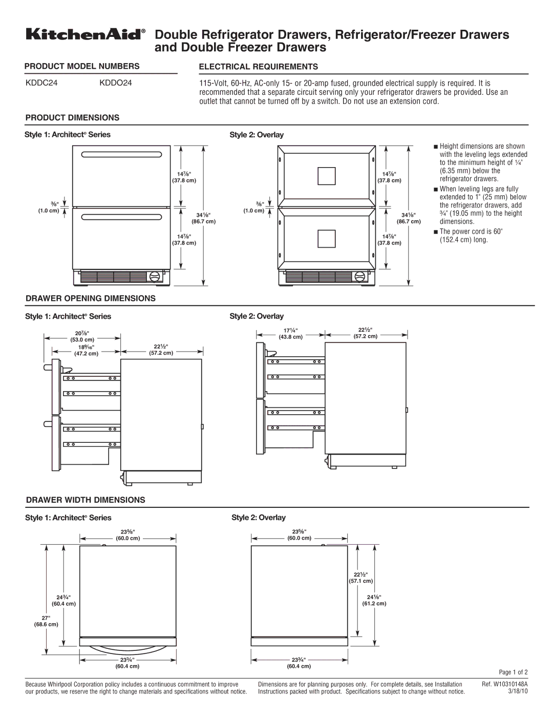 KitchenAid KDDO24 dimensions Product Model Numbers, Electrical Requirements, Product Dimensions, Drawer Opening Dimensions 