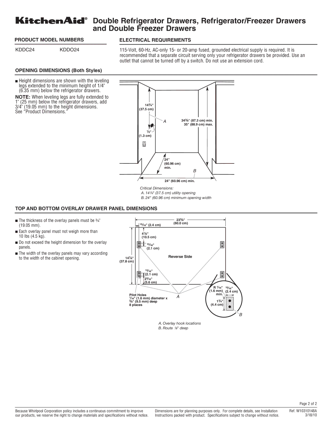 KitchenAid KDDC24, KDDO24 dimensions TOP and Bottom Overlay Drawer Panel Dimensions 