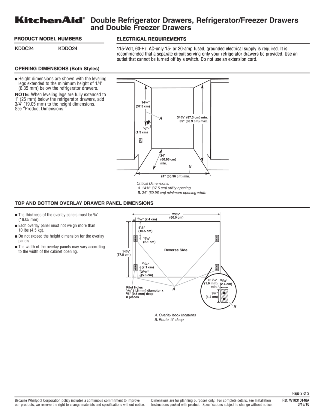 KitchenAid dimensions OPENING DIMENSIONS Both Styles, See “Product Dimensions.”, Product Model Numbers, KDDC24KDDO24 