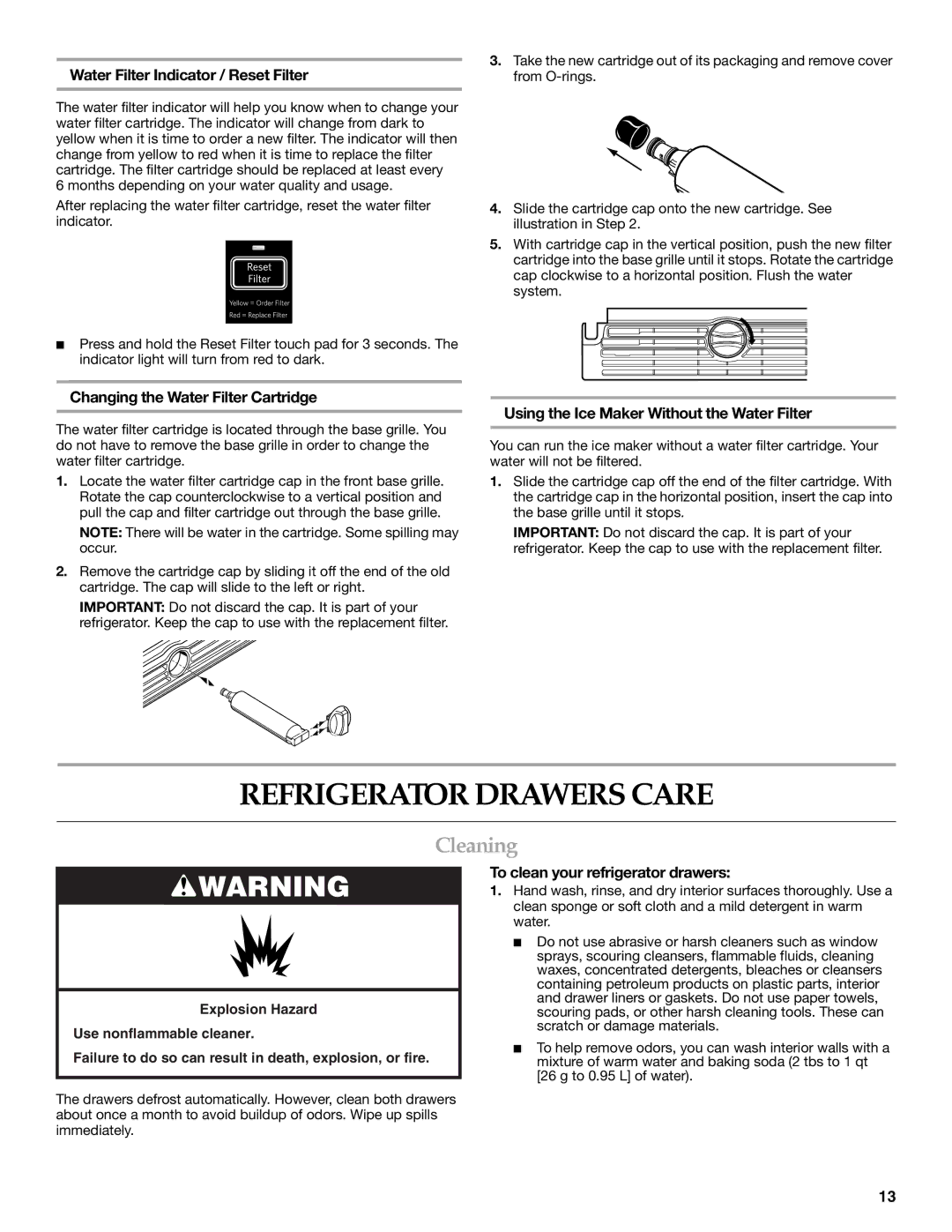 KitchenAid KDDC24RVS manual Refrigerator Drawers Care, Cleaning, Water Filter Indicator / Reset Filter 