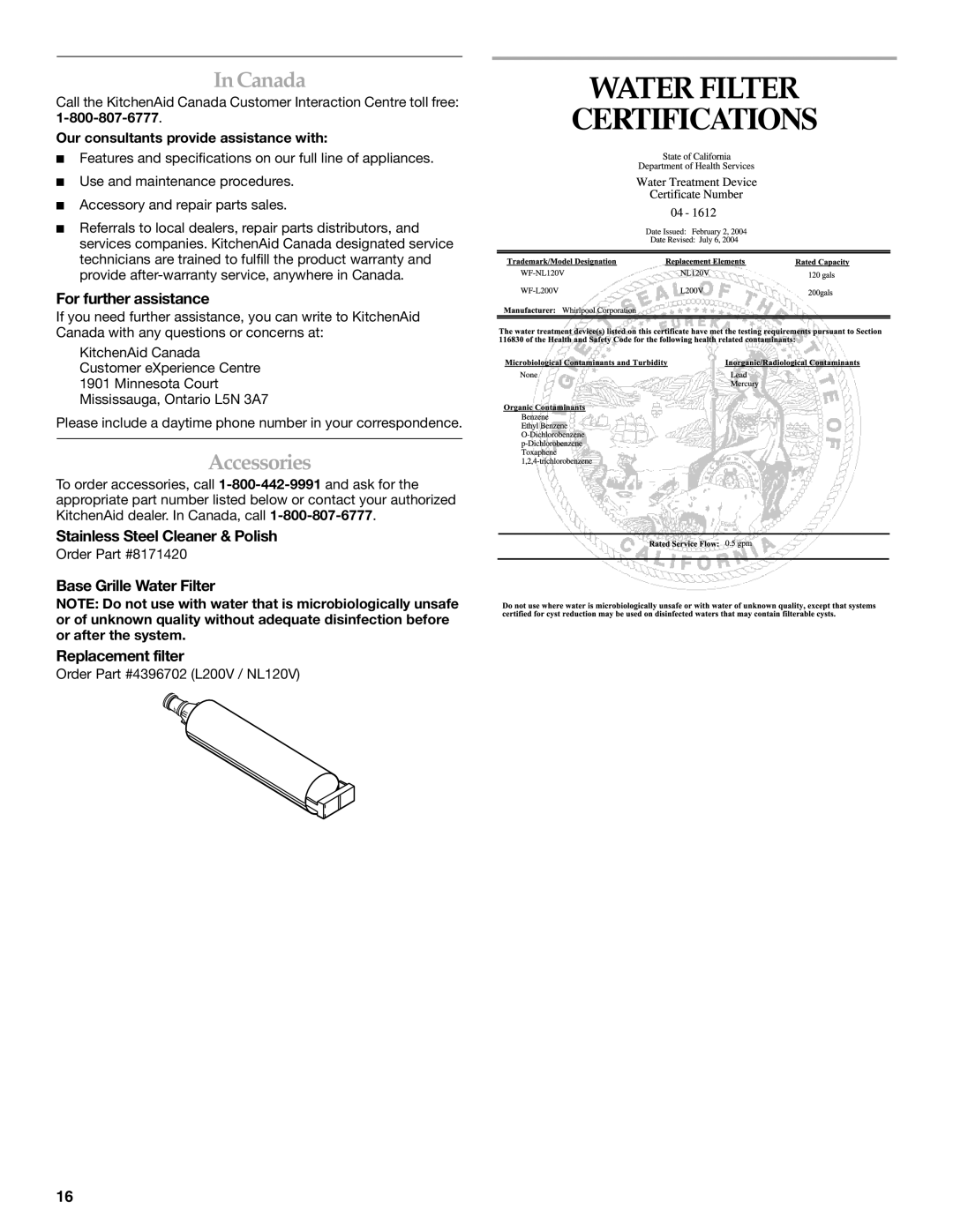 KitchenAid KDDC24RVS manual Water Filter Certifications, Canada, Accessories, Stainless Steel Cleaner & Polish 