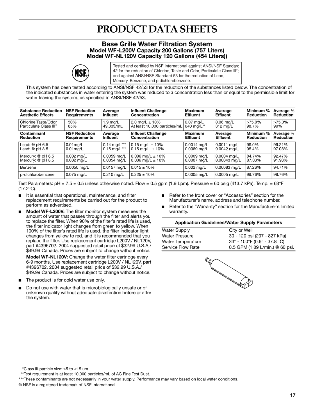 KitchenAid KDDC24RVS manual Product Data Sheets, Application Guidelines/Water Supply Parameters 