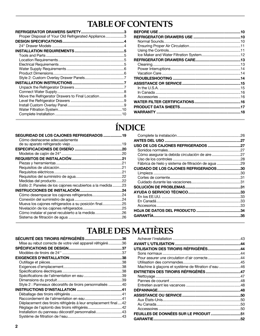 KitchenAid KDDC24RVS manual Table of Contents, Índice, Table DES Matières 