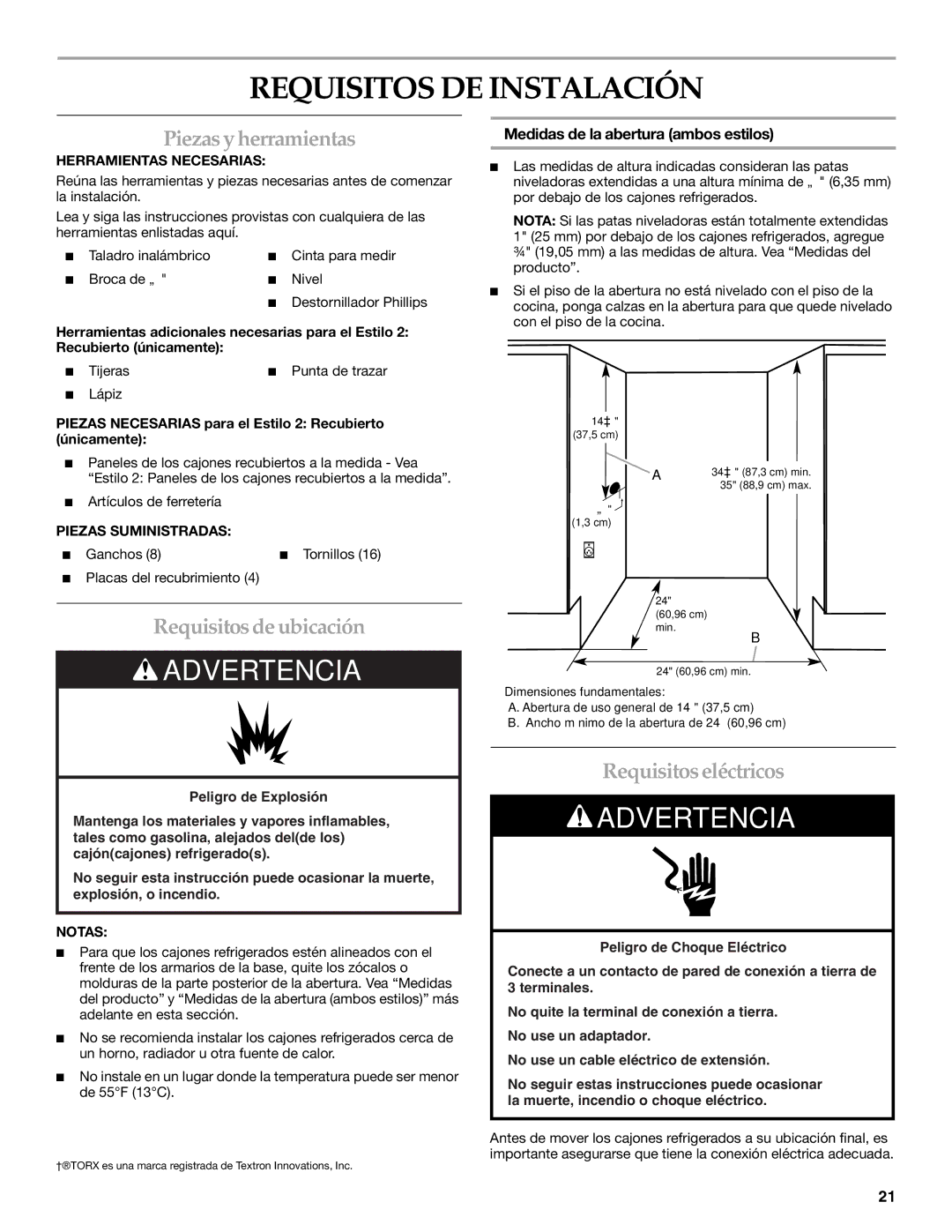 KitchenAid KDDC24RVS Requisitos DE Instalación, Piezas y herramientas, Requisitos de ubicación, Requisitos eléctricos 