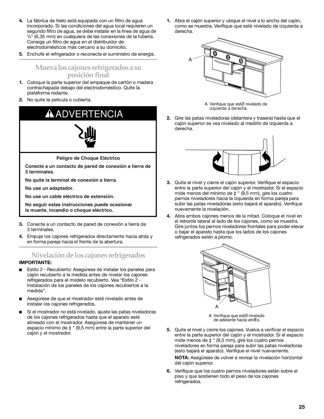 KitchenAid KDDC24RVS manual Mueva los cajones refrigerados a su Posición final, Nivelación de los cajones refrigerados 