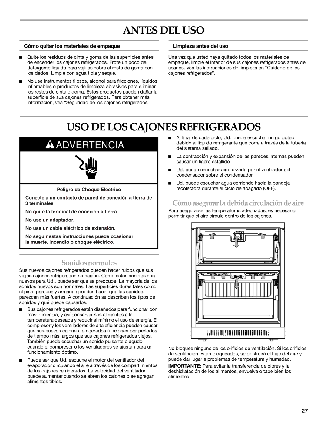 KitchenAid KDDC24RVS manual Antes DEL USO, USO DE LOS Cajones Refrigerados, Sonidos normales 