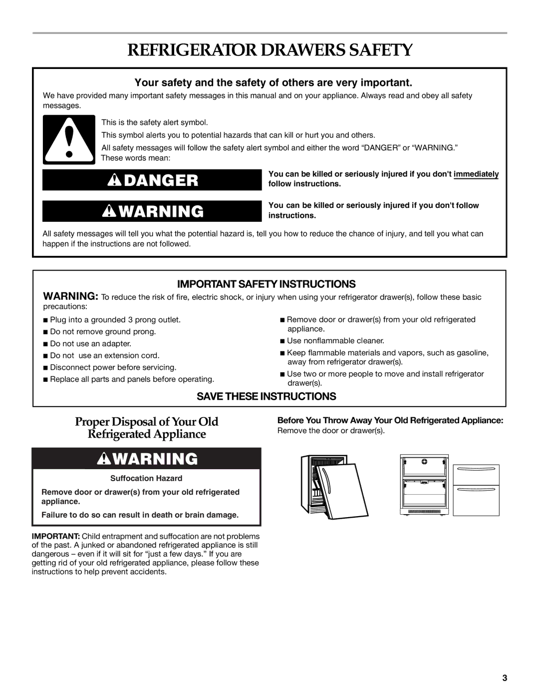 KitchenAid KDDC24RVS manual Refrigerator Drawers Safety, Before You Throw Away Your Old Refrigerated Appliance 