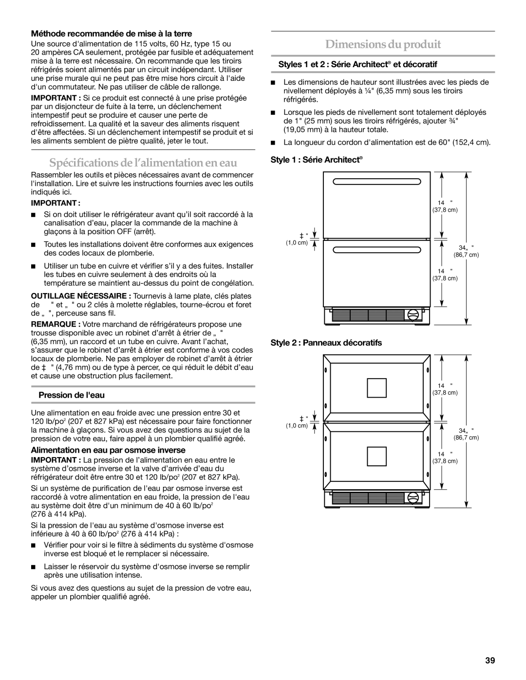 KitchenAid KDDC24RVS manual Dimensions du produit, Spécifications de l’alimentation en eau 