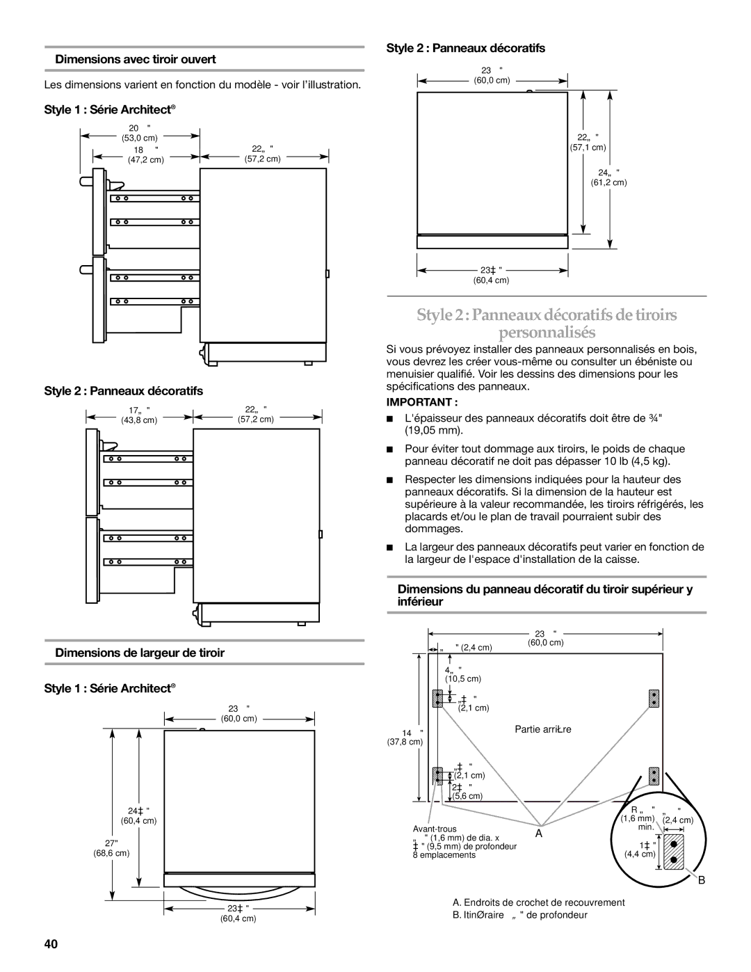 KitchenAid KDDC24RVS manual Style 2 Panneaux décoratifs de tiroirs Personnalisés, Dimensions avec tiroir ouvert 