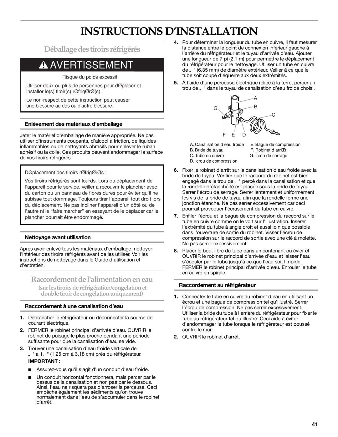 KitchenAid KDDC24RVS Instructions D’INSTALLATION, Déballage des tiroirs réfrigérés, Raccordement de lalimentation en eau 