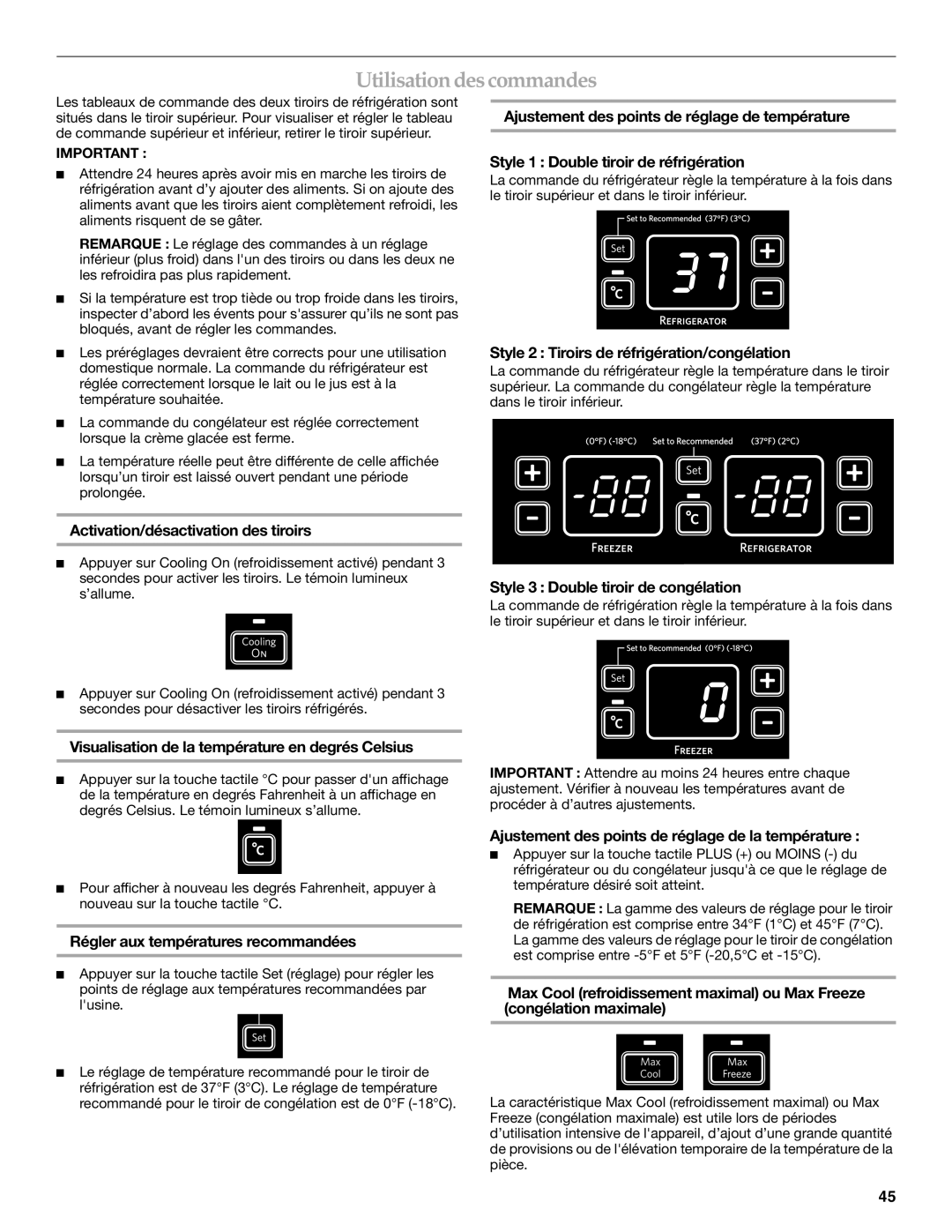 KitchenAid KDDC24RVS manual Utilisation des commandes 