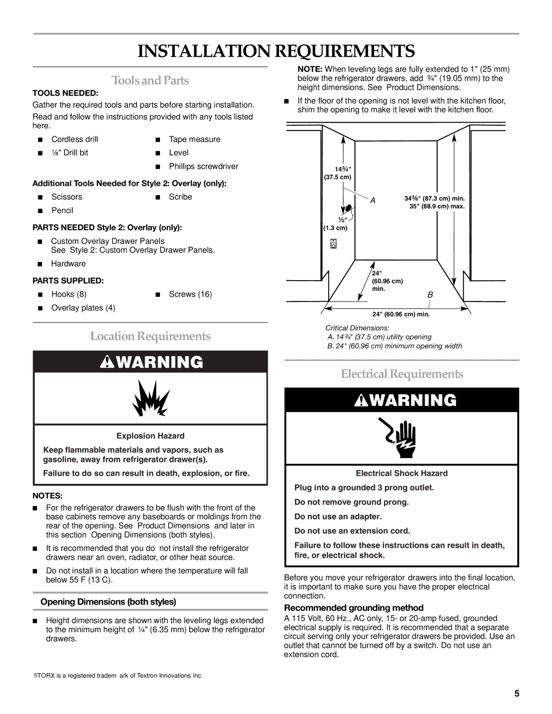 KitchenAid KDDC24RVS manual Installation Requirements, Tools and Parts, Location Requirements, Electrical Requirements 