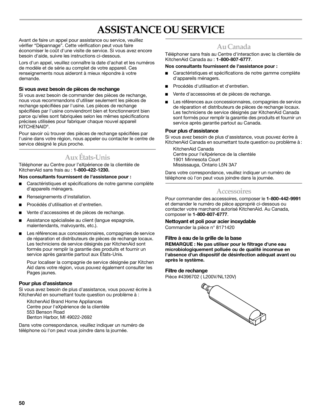 KitchenAid KDDC24RVS manual Assistance OU Service, Aux États-Unis, Au Canada, Accessoires 