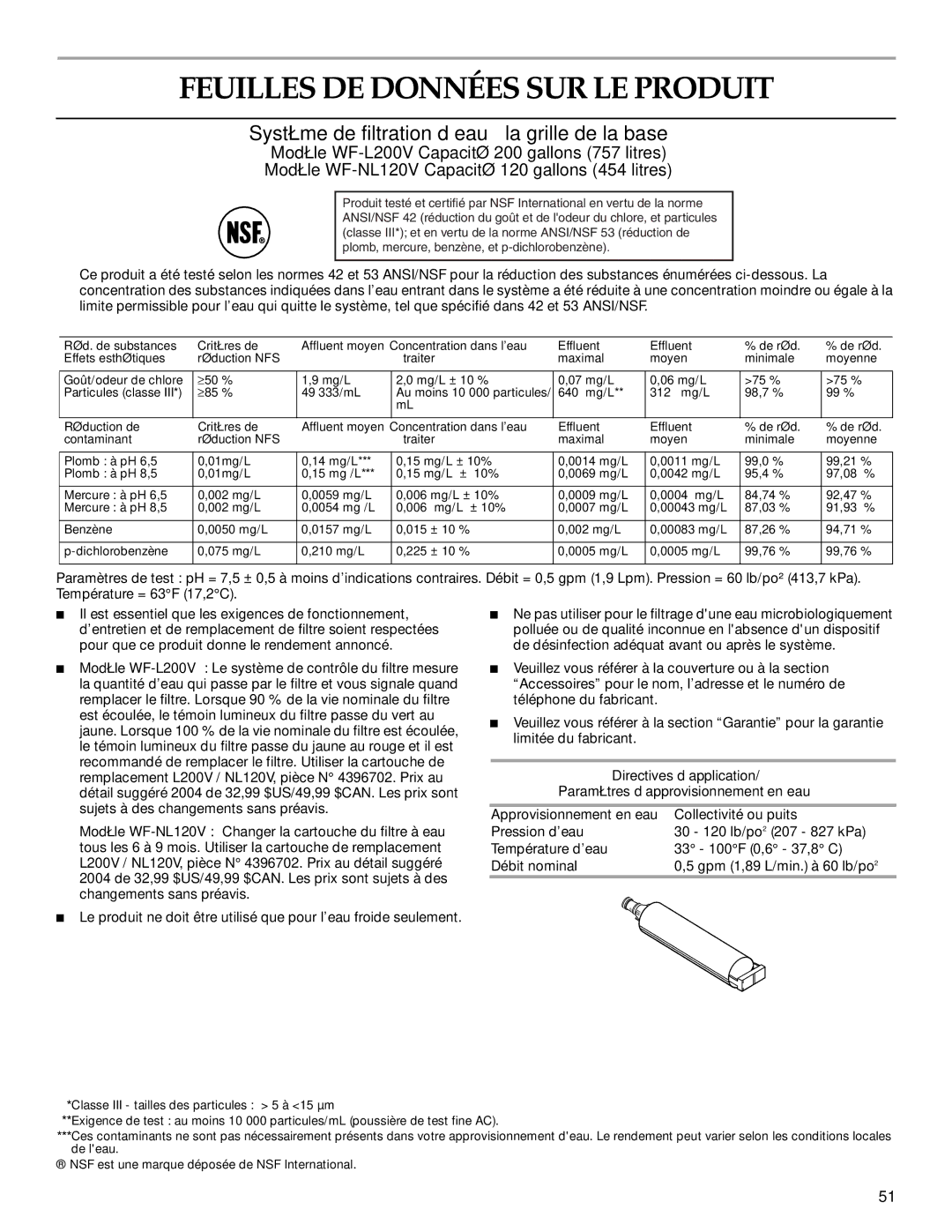 KitchenAid KDDC24RVS manual Feuilles DE Données SUR LE Produit, Système de filtration d’eau à la grille de la base 