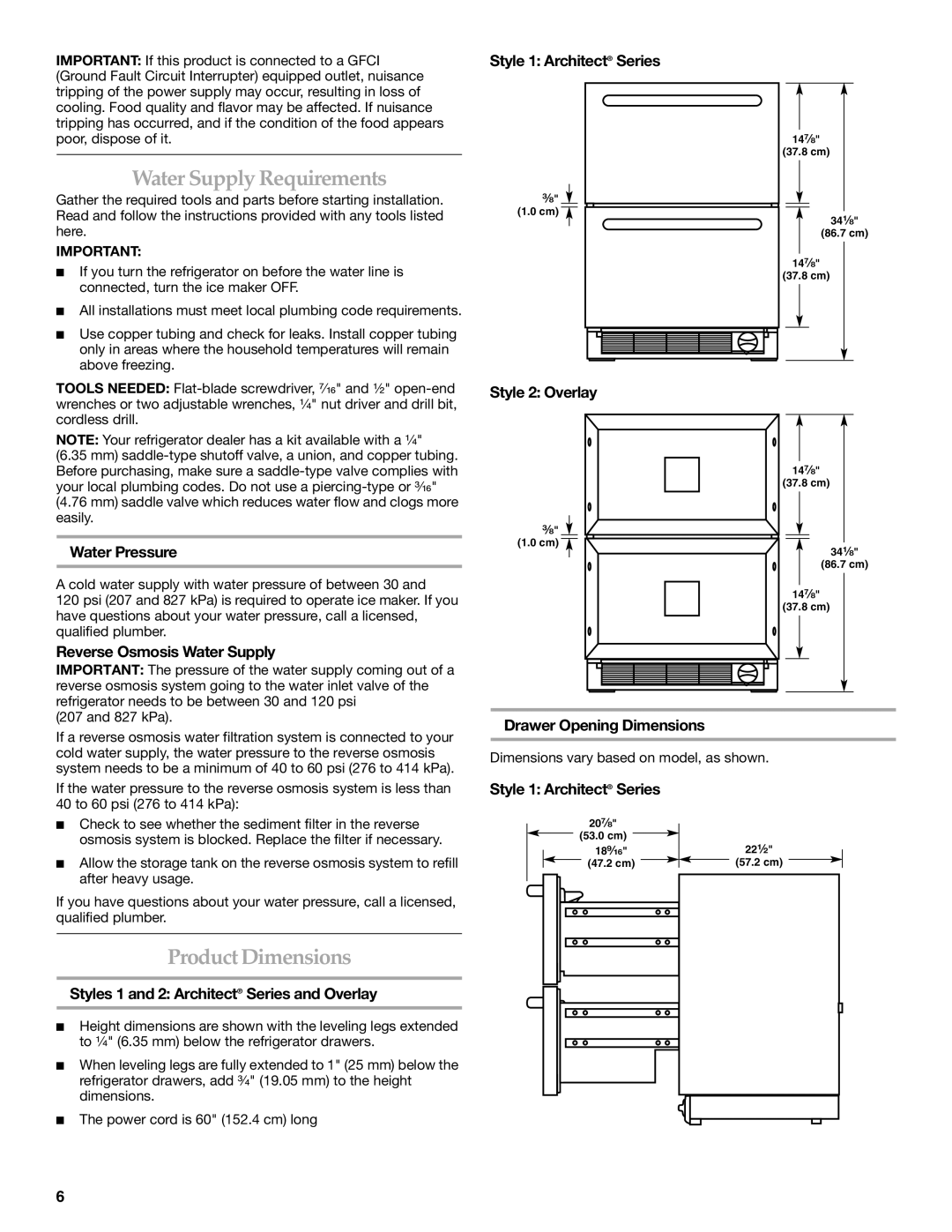 KitchenAid KDDC24RVS manual Water Supply Requirements, Product Dimensions 