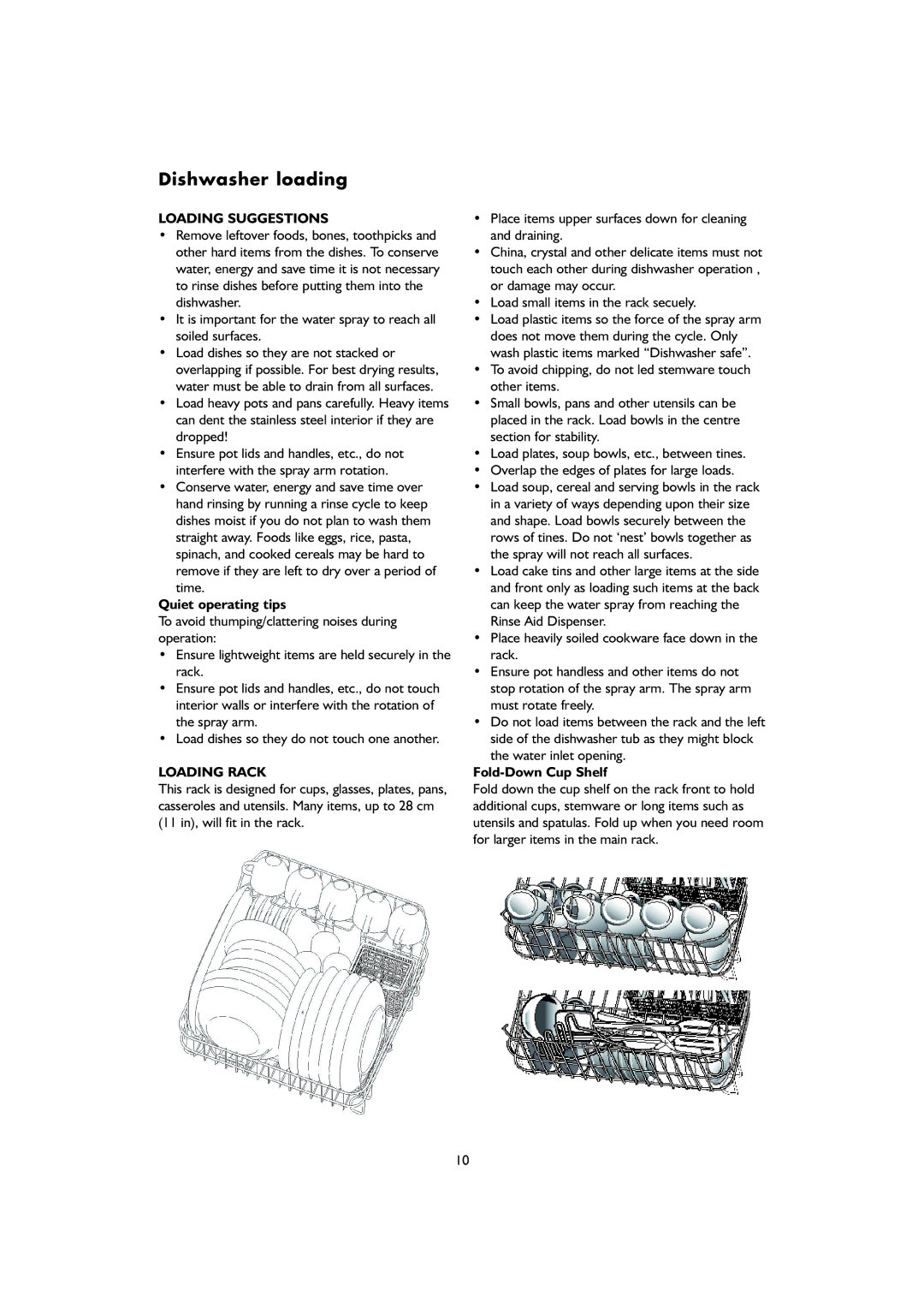 KitchenAid KDIX 8810 Dishwasher loading, Loading Suggestions, Quiet operating tips, Loading Rack, Fold-Down Cup Shelf 