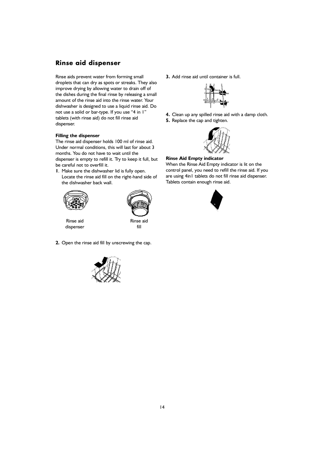 KitchenAid KDIX 8810 manual Rinse aid dispenser, Filling the dispenser, Rinse Aid Empty indicator 