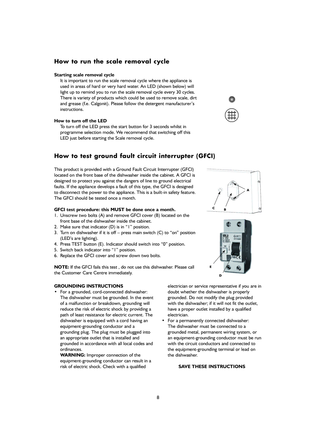 KitchenAid KDIX 8810 manual How to run the scale removal cycle, How to test ground fault circuit interrupter Gfci 